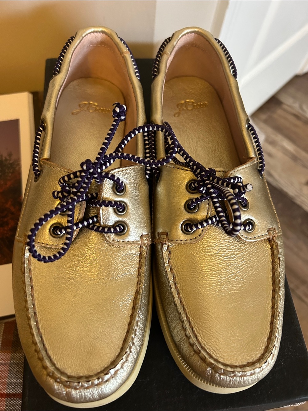 J. Crew Metallic Gold Leather Boat Shoes with Navy Rope Laces